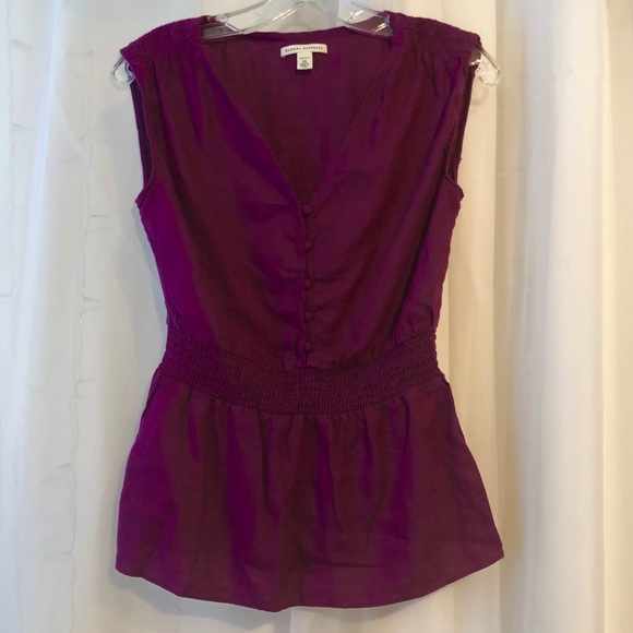 Purple 100% Linen Smocked Waist Blouse Career Top - Picture 8 of 8